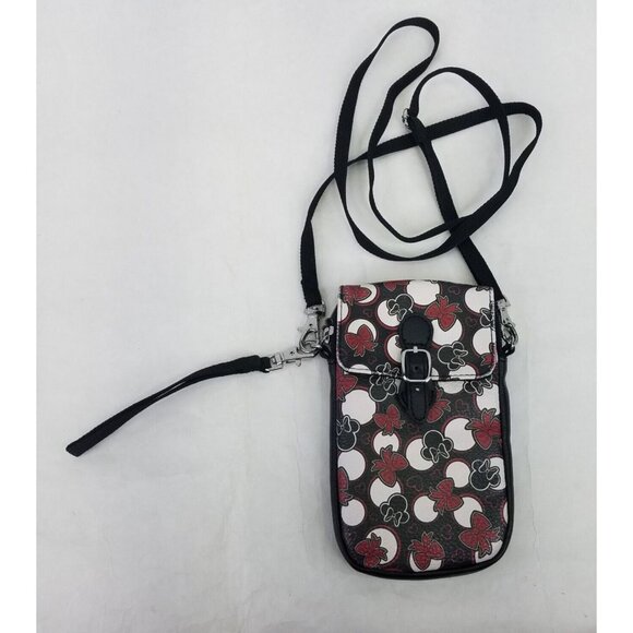Disney Tech Faux Leather Mini Cell Bag Crossbody Strap Zip Purse Mini Mouse Bows - Picture 1 of 13